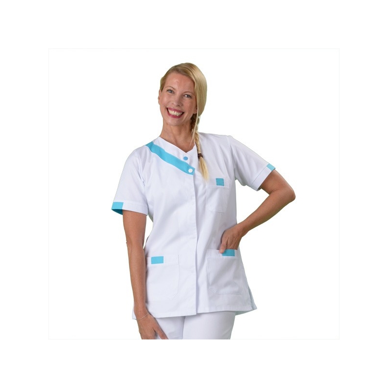Tenue infirmier eBlanche et Turquoise parement col - label-blouse.net