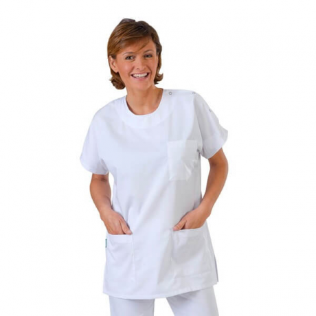 Blouse Tunique Médicale Blanche – Fermeture Centrale Pressions – 3 Poches – Tissu Sergé 210 G – Lavable à 90°C