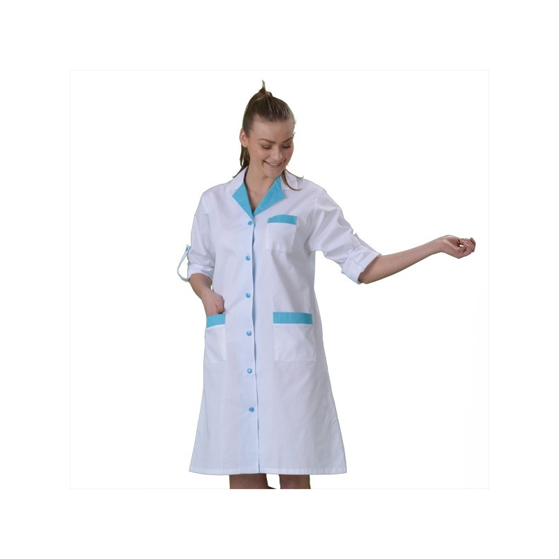 Blouse infirmière Blanche col bleu manches longues - label-blouse.net