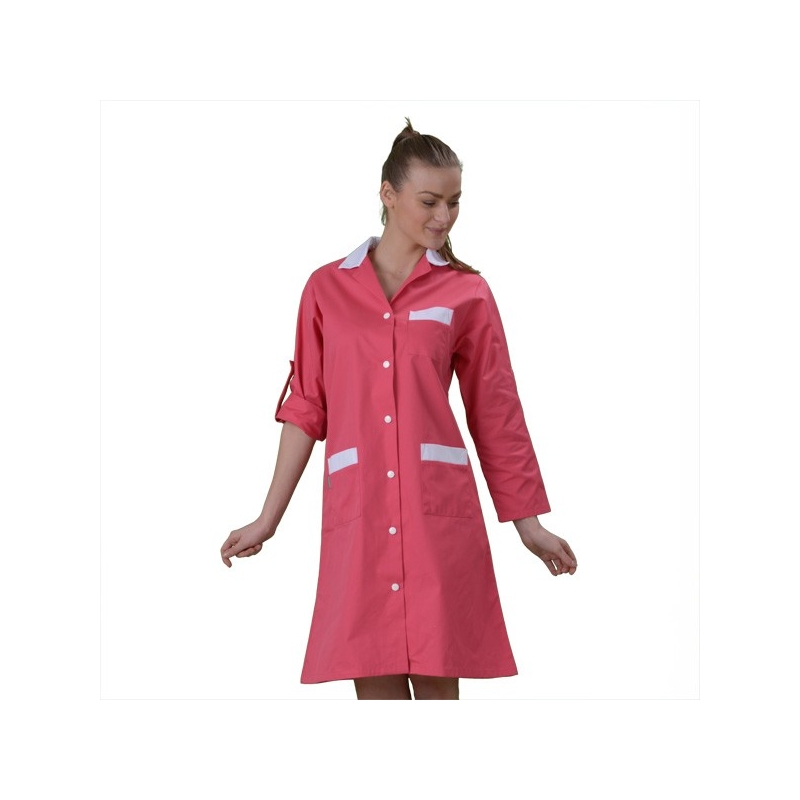 Blouse de travail Fuchsia et Blanc col Chemisier