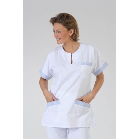 Blouse femme infirmiere col goute d'eau par mettre par la tête finition Bleu 3 poches Blouse femme infirmiere col goute d'eau par mettre par la tête finition Bleu 3 poches