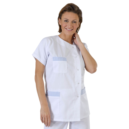 Blouse medicale Blanche Julia manches courte col V parement bleue sur les 3 poches pour code couleur Blouse medicale Blanche Julia manches courte col V parement bleue sur les 3 poches pour code couleur