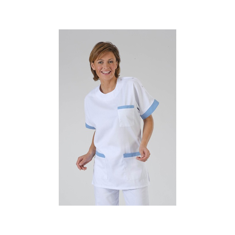 Blouse infirmière Blanche poches ciel manches ciel - label-blouse.net