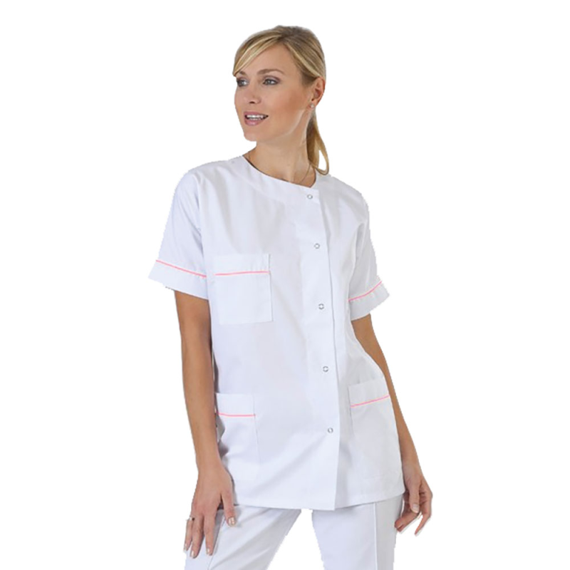 Tunique infirmière Blanche col rond avec liseré Rose - label-blouse.net