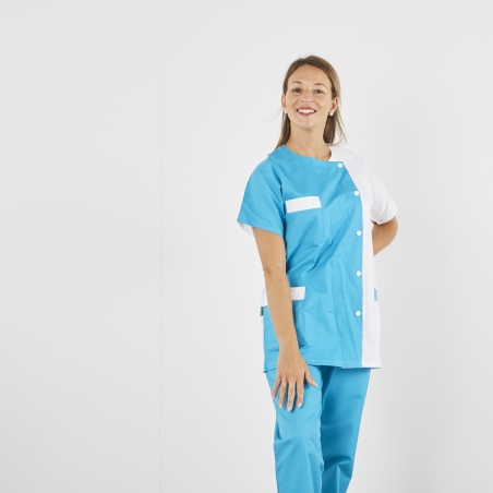 Blouse médicale courte Turquoise et Blanc