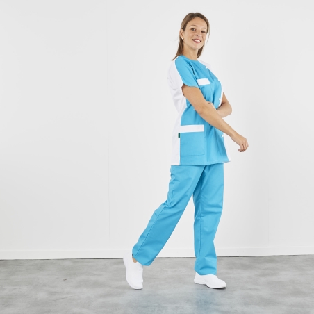 Blouse médicale courte Turquoise et Blanc