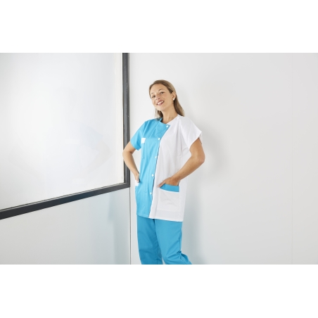 Blouse médicale courte Turquoise et Blanc