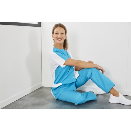Blouse médicale courte Turquoise et Blanc