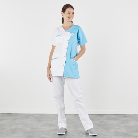 Tunique médicale fantaise fermeture croisee Blanc et turquoise Tunique médicale fantaise fermeture croisee Blanc et turquoise