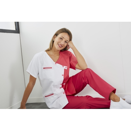 Tenue médicale encolure croisée Blanc Fushia