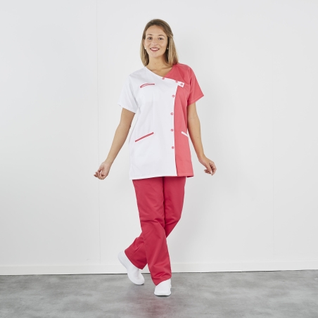 Tenue médicale encolure croisée Blanc Fushia