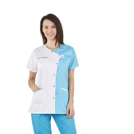 Tunique médicale fantaise fermeture croisee Blanc et turquoise Tunique médicale fantaise fermeture croisee Blanc et turquoise