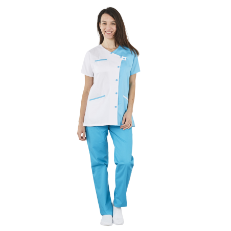 Tunique médicale fantaise fermeture croisee Blanc et turquoise Tunique médicale fantaise fermeture croisee Blanc et turquoise