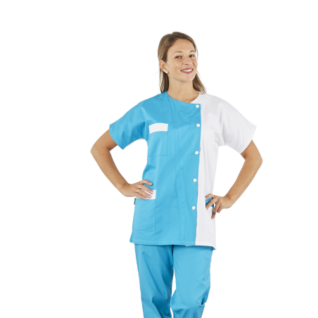 Blouse médicale courte Turquoise et Blanc