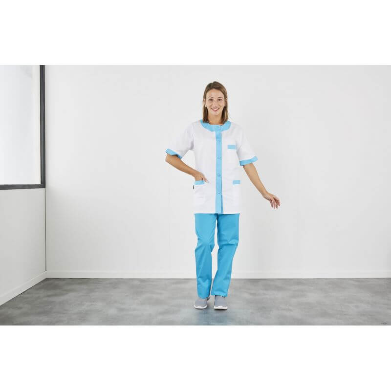 Blouse infirmière Blanche et parements, col et turquoise - label-blouse.net