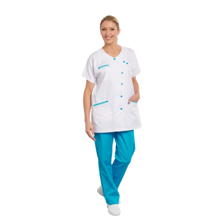 Tunique infirmière Blanche et Turquoise Poches passe poilée Tunique infirmière Blanche et Turquoise Poches passe poilée