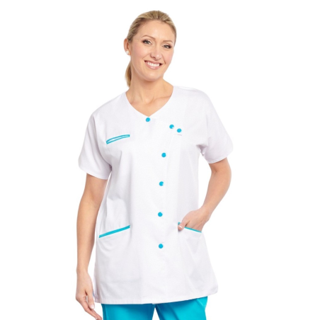 Tunique infirmière Blanche et Turquoise Poches passe poilée Tunique infirmière Blanche et Turquoise Poches passe poilée