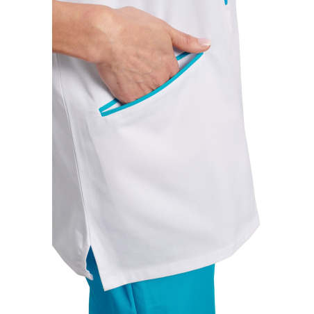 Tunique infirmière Blanche et Turquoise Poches passe poilée Tunique infirmière Blanche et Turquoise Poches passe poilée