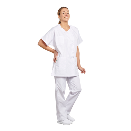 Tunique Médicale col trapèze Blanc fermeture pressions