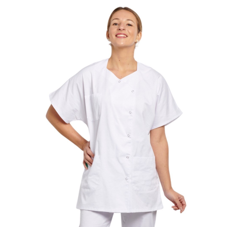 Tunique Médicale col trapèze Blanc fermeture pressions