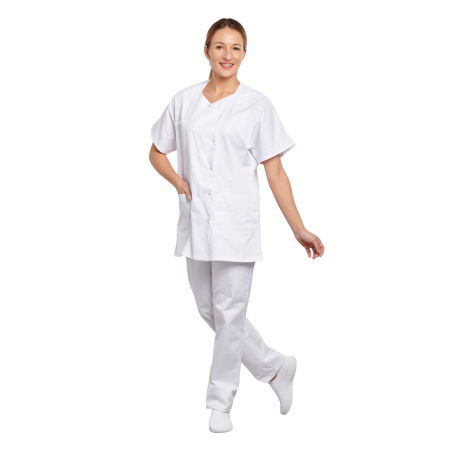 Tunique Médicale col trapèze Blanc fermeture pressions