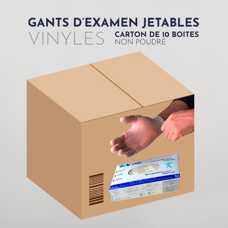 Gants d'examen vinyle non poudré Carton de 10 boite de 1000 Gants d'examen vinyle non poudré Carton de 10 boite de 1000