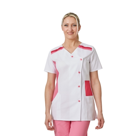 Tunique médicale blouse tunique moderne Blanc finition rose