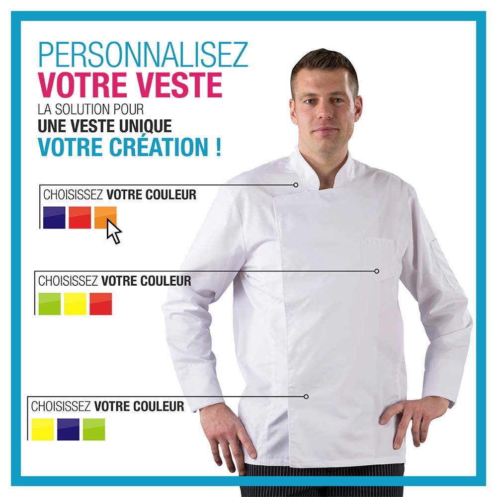 Label Blouse Veste de Cuisine Manches Longues Sergé 210 gramme Couleurs Noir Pressions inoxydables Lavage Machine 90 degrés ou Industriel