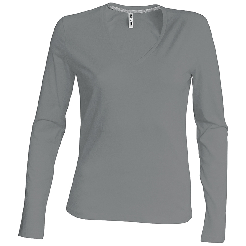 T-shirt Femme Kersh Essentials – Gris Rayé, Col V, Manches Courtes, Coton Léger, Taille S