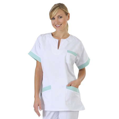 Tenue infirmiere marinière Blanche col goute d'eau parement Vert 3 poches et manches Tenue infirmiere marinière Blanche col goute d'eau parement Vert 3 poches et manches