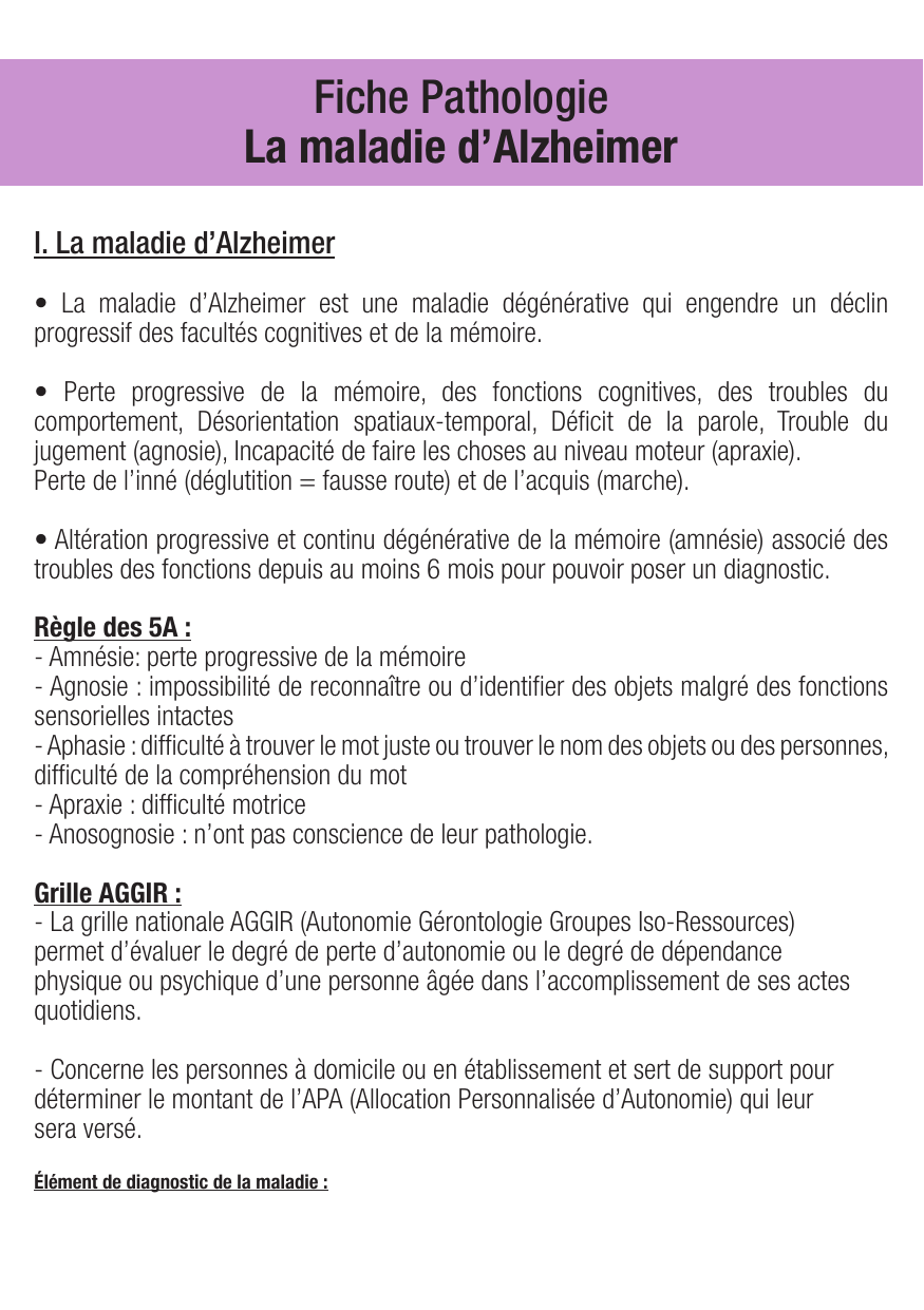 Fiche de révision Alzheimer : cours et fiche IDE (définition, signes, prise en charge) — page 1