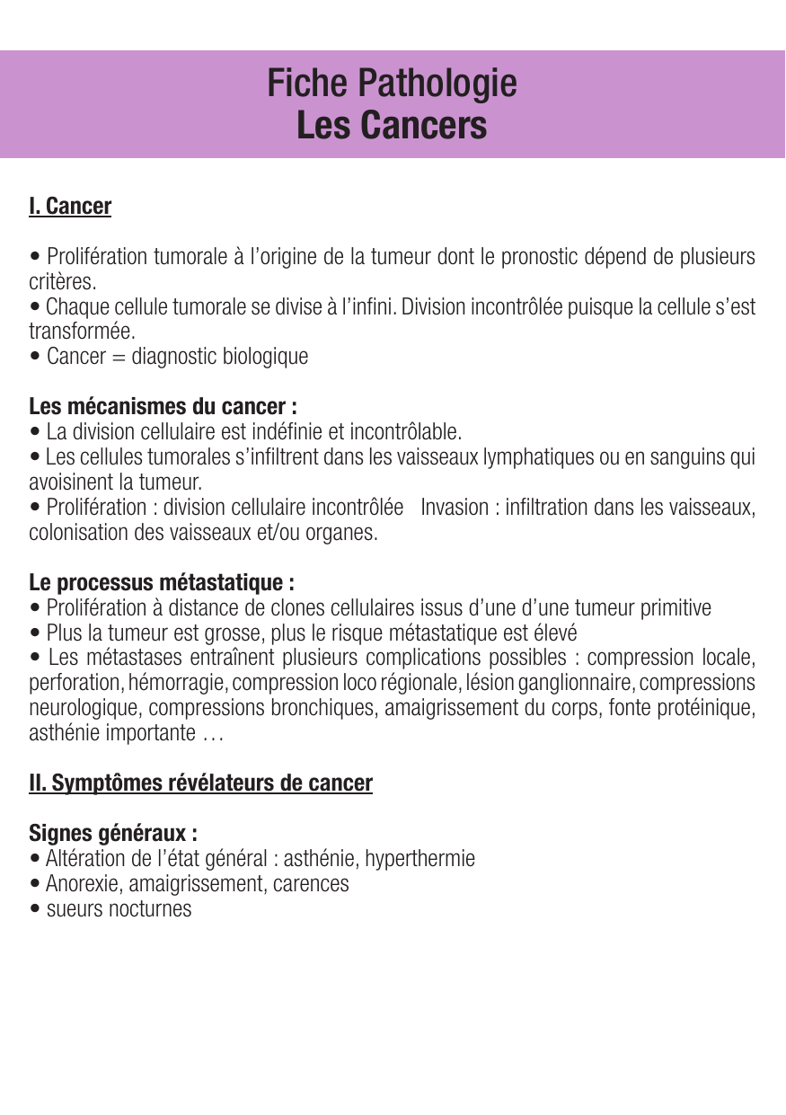 Fiche de révision Les cancers : cours et fiche IDE (définition, signes, prise en charge) — page 1