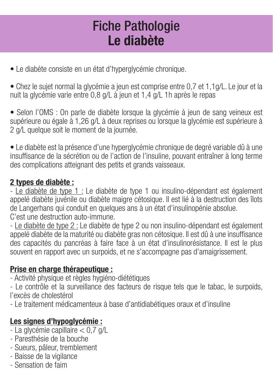 Fiche de révision Diabète : cours et fiche IDE (définition, signes, prise en charge) — page 1