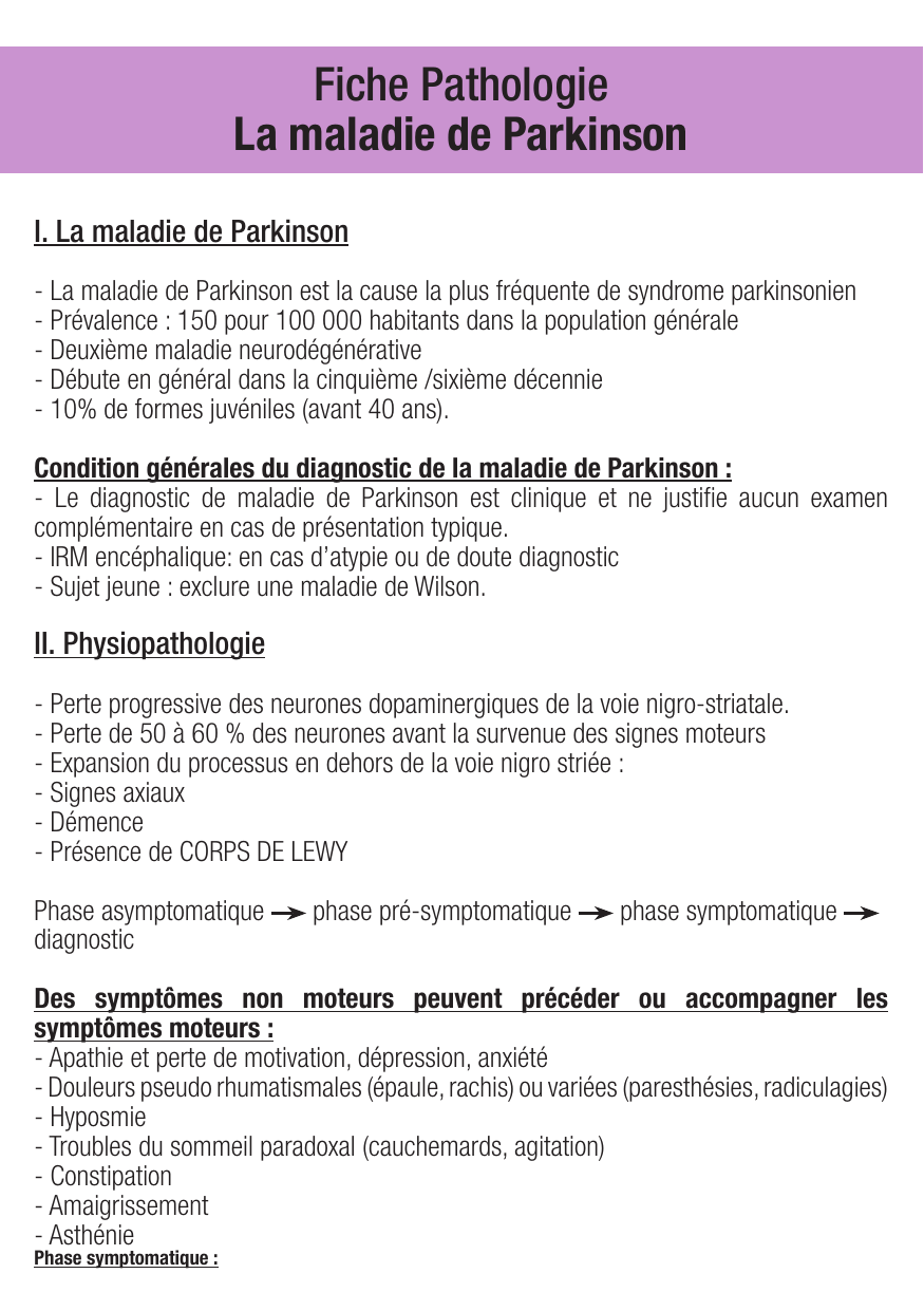 Fiche de révision Parkinson : cours et fiche IDE (définition, signes, prise en charge) — page 1