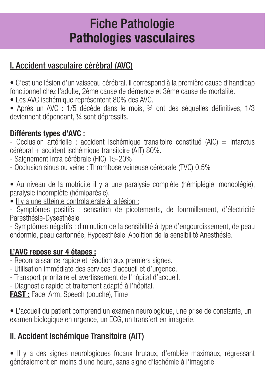 Fiche de révision Pathologies vasculaires : cours et fiche IDE (définition, signes, prise en charge) — page 1