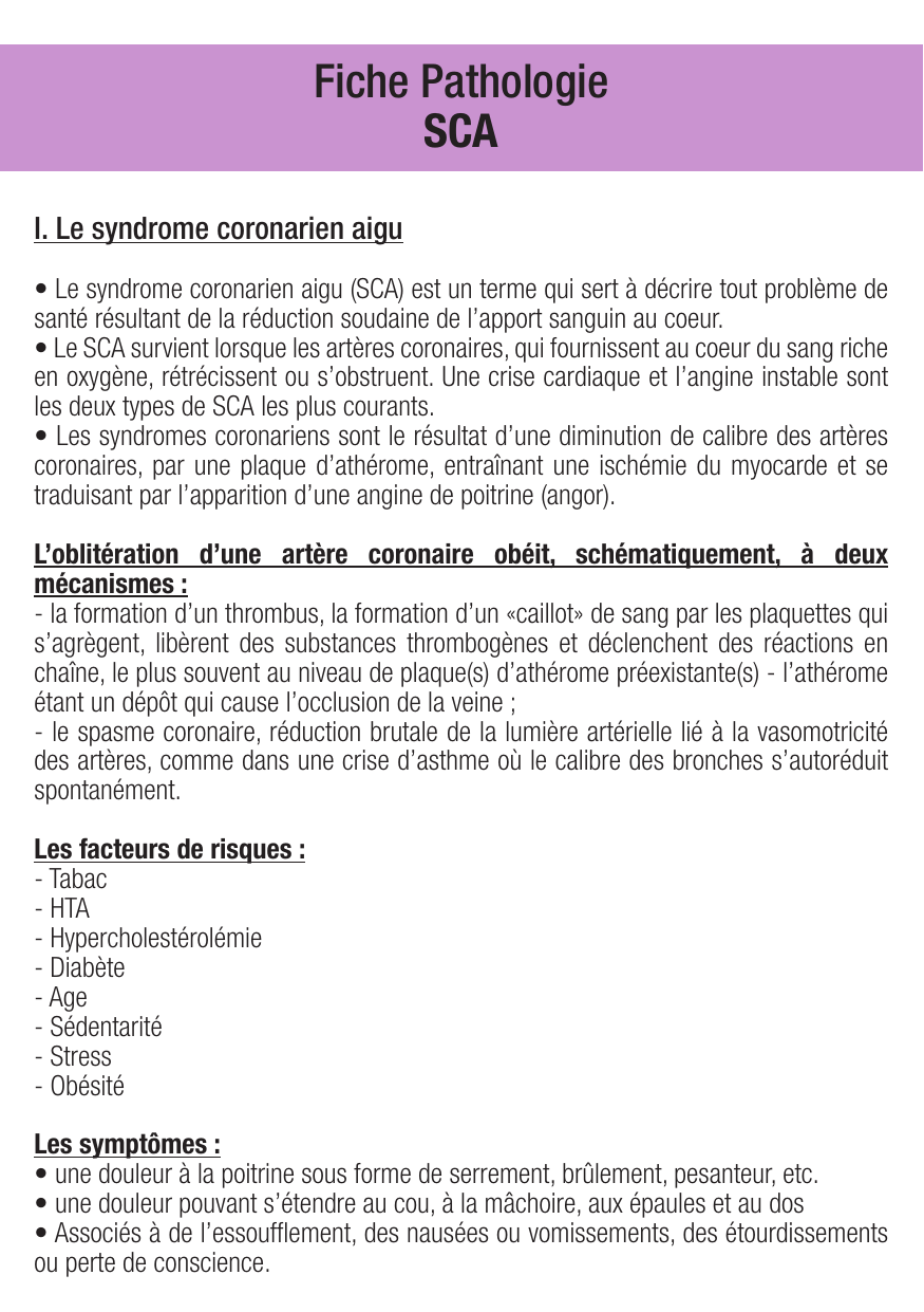 Fiche de révision SCA : cours et fiche IDE (définition, signes, prise en charge) — page 1