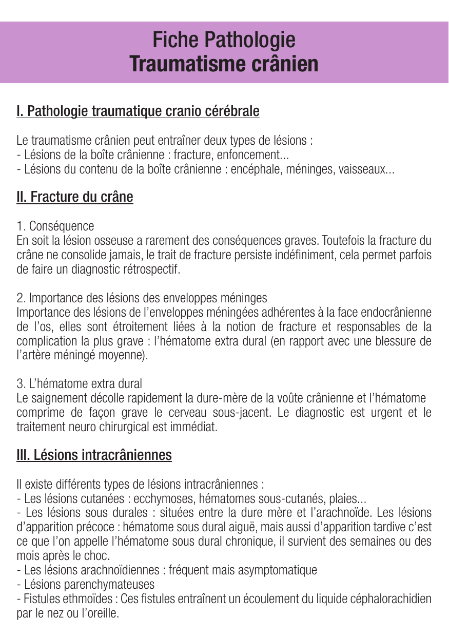 Fiche de révision Traumatisme Cranien : cours et fiche IDE (définition, signes, prise en charge) — page 1