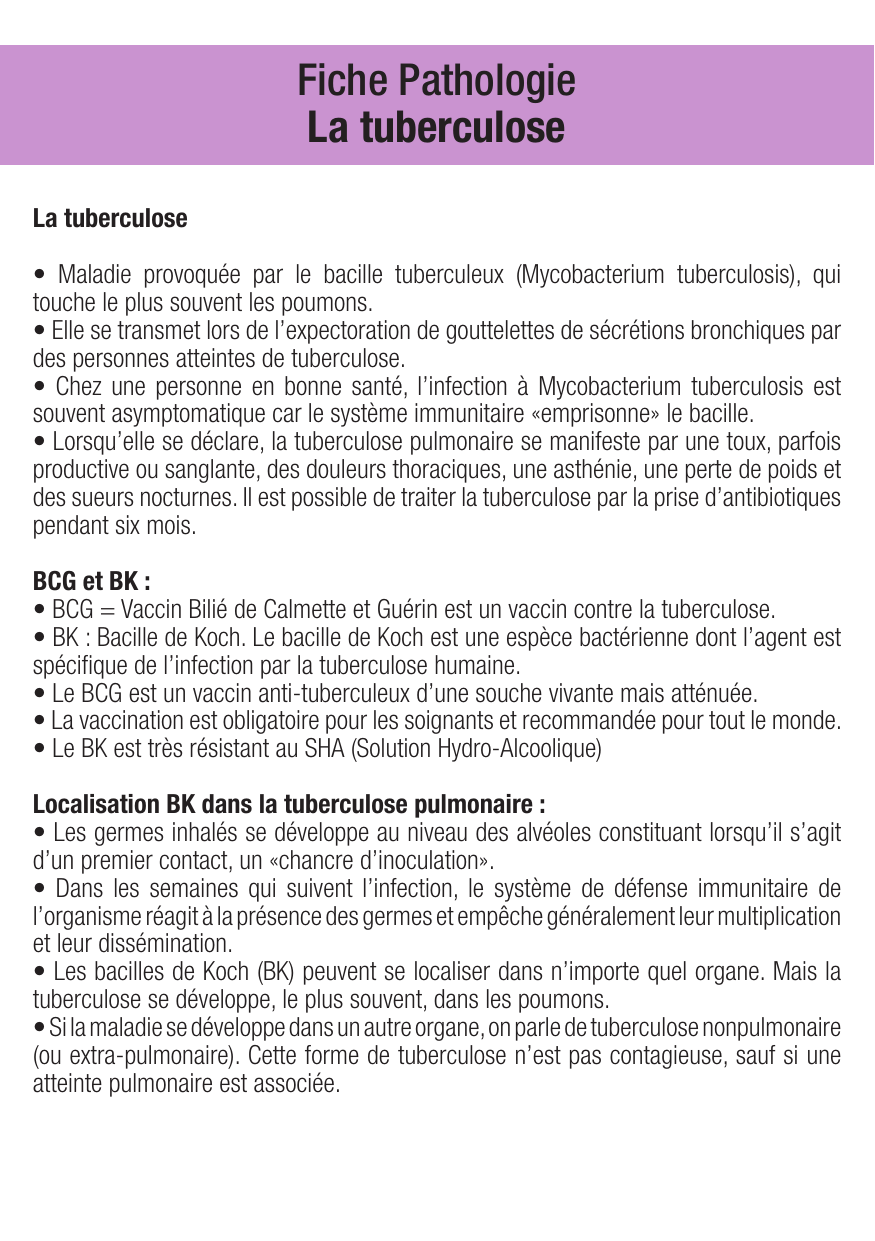 Fiche de révision Tuberculose : cours et fiche IDE (définition, signes, prise en charge) — page 1