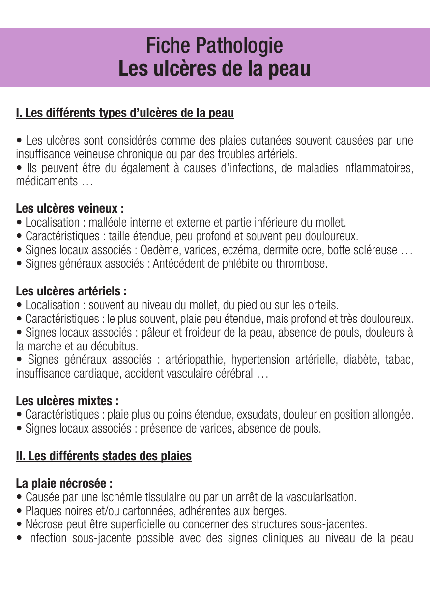 Fiche de révision Les ulceres de la peau : cours et fiche IDE (définition, signes, prise en charge) — page 1
