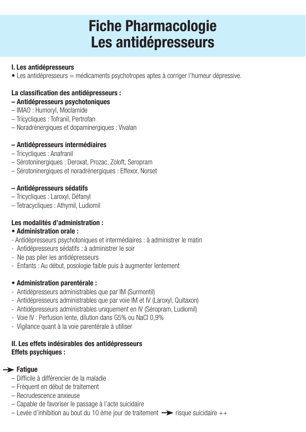 Fiche de révision Les antidepresseurs : fiche IDE de pharmacologie (indications, surveillance) — page 1