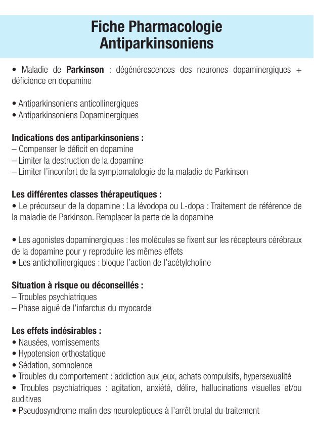 Fiche de révision Antiparkinsoniens : fiche IDE de pharmacologie (indications, surveillance) — page 1