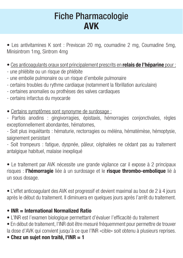 Fiche de révision AVK : fiche IDE de pharmacologie (indications, surveillance) — page 1