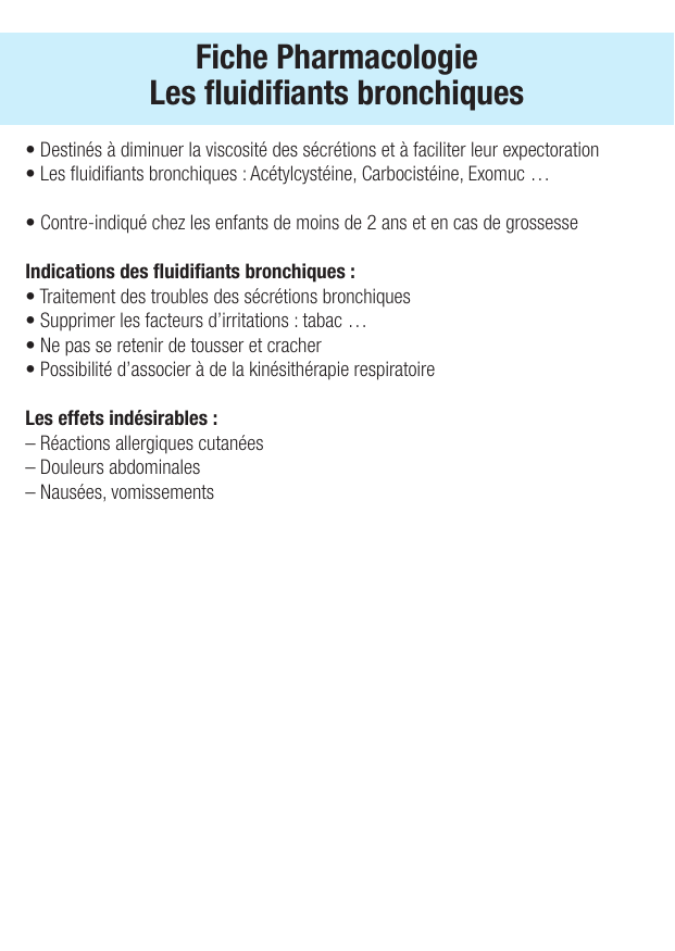 Fiche de révision Les fluidifiants bronchiques : fiche IDE de pharmacologie (indications, surveillance) — page 1