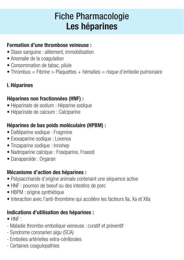 Fiche de révision Les heparines : fiche IDE de pharmacologie (indications, surveillance) — page 1