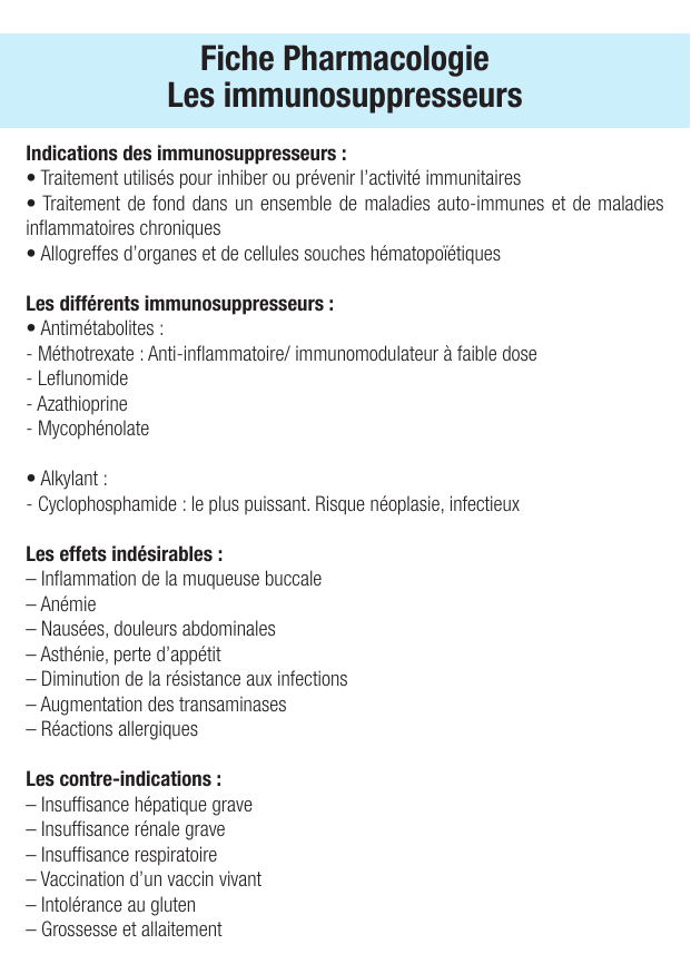 Fiche de révision Les immunosuppresseurs : fiche IDE de pharmacologie (indications, surveillance) — page 1