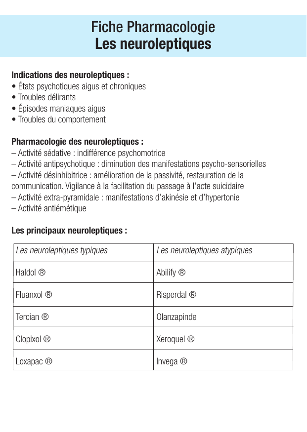 Fiche de révision Les neuroleptiques : fiche IDE de pharmacologie (indications, surveillance) — page 1