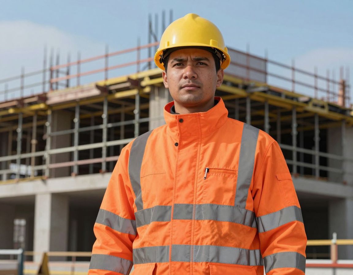 Agent en veste haute visibilité orange et casque de chantier sur un site en construction