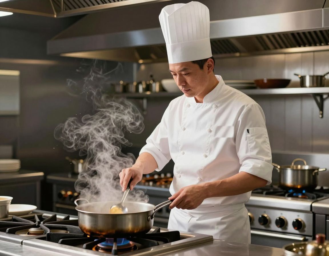 Cuisinier en veste de cuisine blanche et toque devant les fourneaux d'une cuisine professionnelle