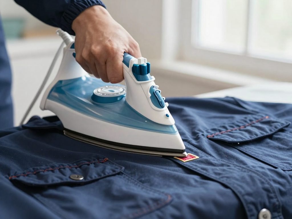 Pose d'un &eacute;cusson thermocollant au fer &agrave; repasser