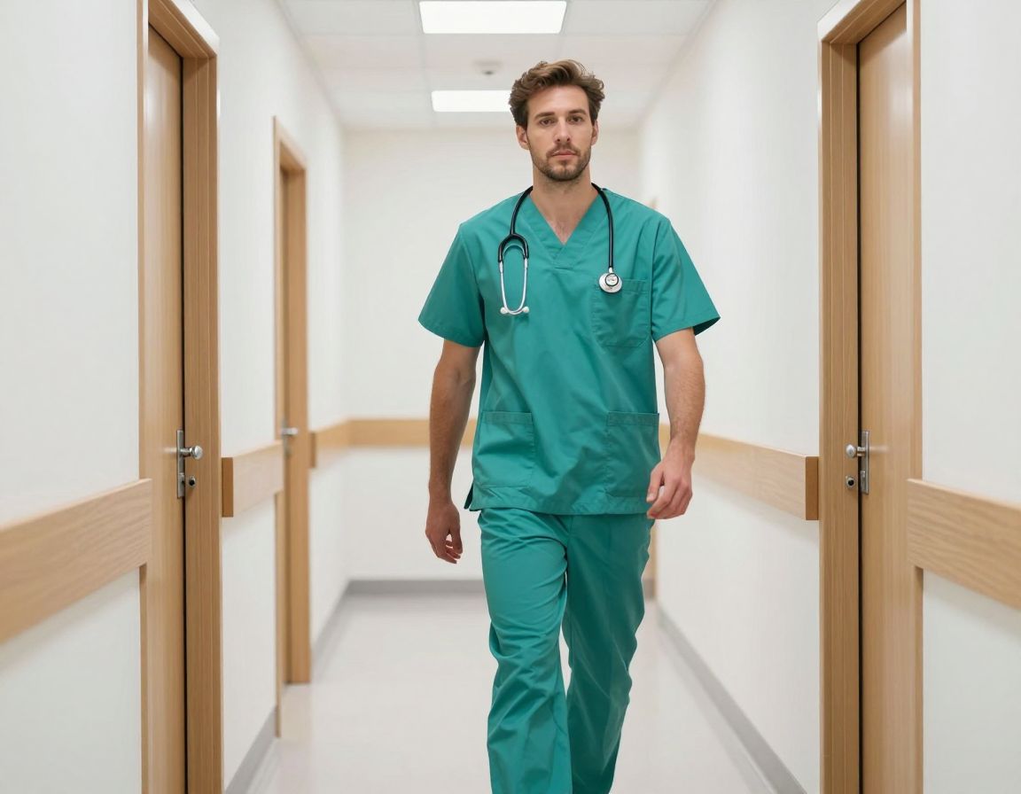 Soignant en tunique et pantalon médicaux dans le couloir d'un établissement de santé